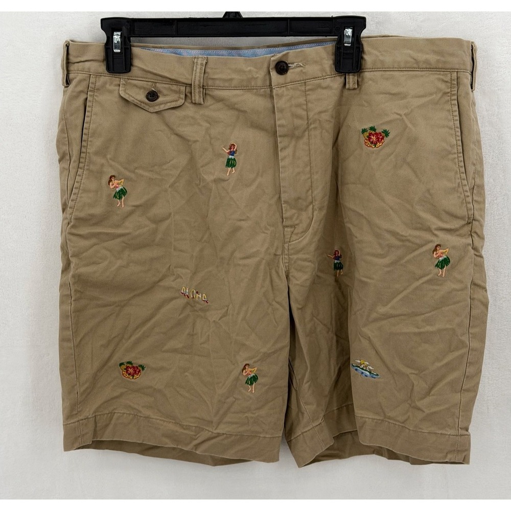 Polo Ralph Lauren Shorts Mens 38 Khaki Hula Girl Embroidered Chino Hawaiian